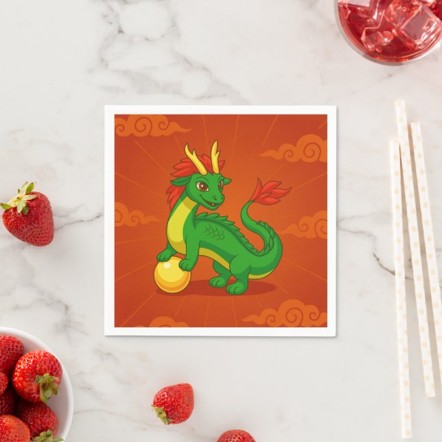 Serviette En Papier Dragon Chinois Vert sur Fond Rouge (En situation)