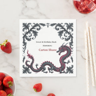 Serviette En Papier Dragon noir fantaisiste en damassé rouge pour une