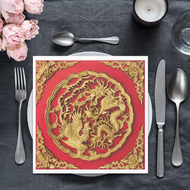 Serviette En Papier Dragon Phoenix Red Gold Mariage chinois (Dragon Phoenix Red Gold Chinese Wedding Napkins)
