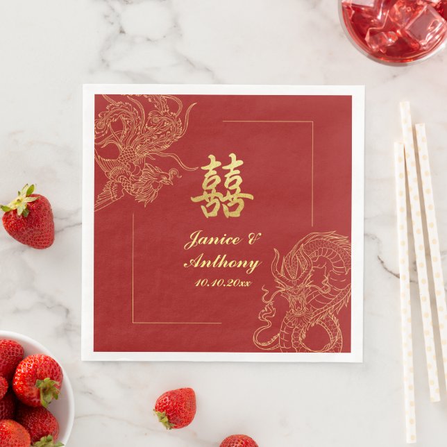 Serviette En Papier Dragon Phoenix traditionnel Mariage chinois rouge  (En situation)
