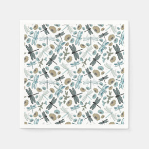 Serviette En Papier Dragonflies Fleurs Blues Grey Motif
