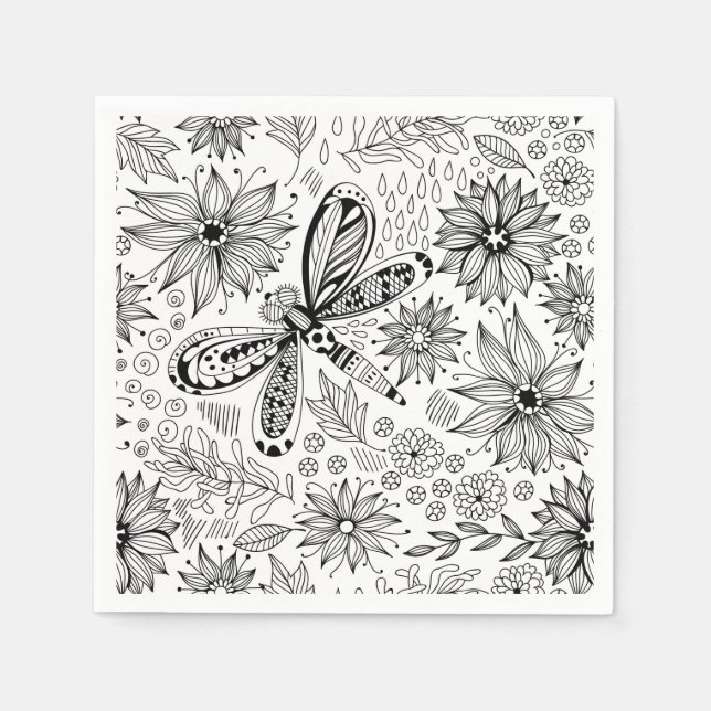 Serviette En Papier Dragonfly et doodle de fleurs (Devant)