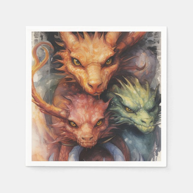 Serviette En Papier Dragons verts orange rouge (Devant)