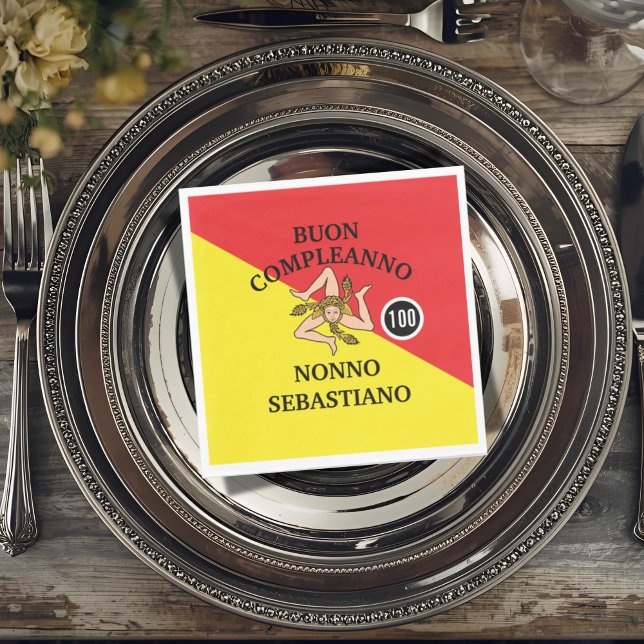 Serviette En Papier Drapeau de Sicile Joyeux Anniversaire ou Anniversa (Flag of Sicily Napkin with Custom Wording and number for birthday or anniversary)