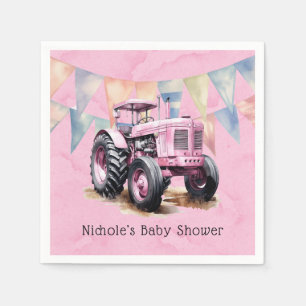 Serviette En Papier Drapeau rose Tracteur Baby shower fille d'aquarell