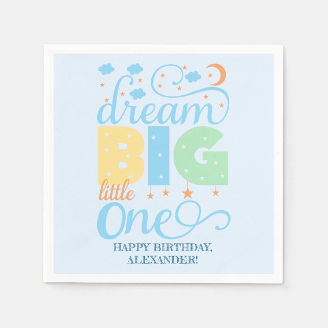 Serviette En Papier Dream Big Little One Blue Baby Boy 1er anniversair (Devant)