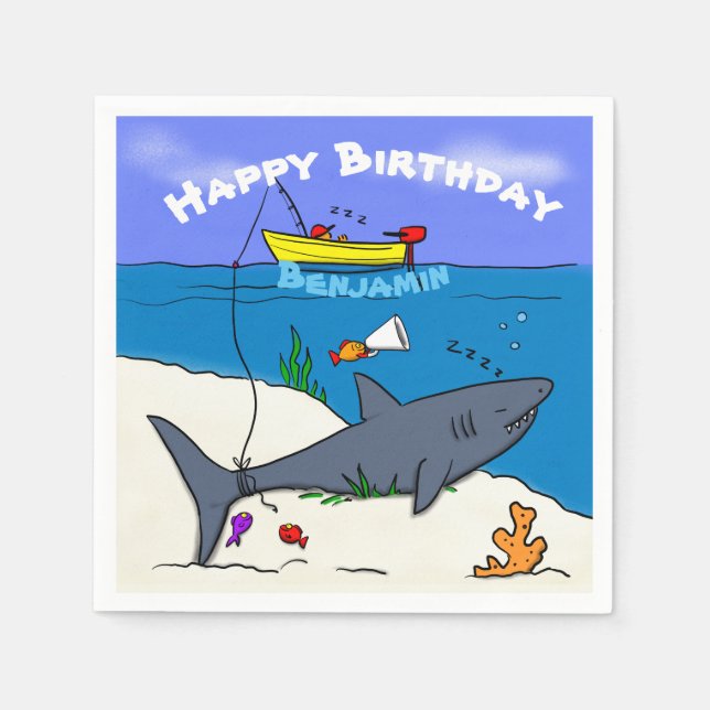 Serviette En Papier Drôle requin couché et dessin animé de pêche (Devant)