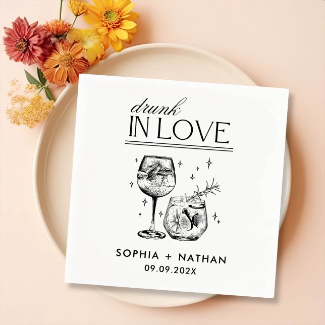 Serviette En Papier Drunin In Love Personnalisé Cocktail Mariage (Créateur téléchargé)