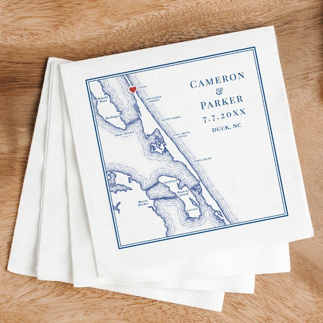Serviette En Papier Duck NC Map Élégant Mariage bleu marine (Duck NC Wedding Cocktail Napkins for an elegant navy blue Outer Banks Wedding by Coastal Map Designs)