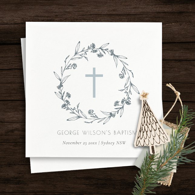 Serviette En Papier Dusky Blue Floral Laurel Wreath Monogramme Baptême (Créateur téléchargé)