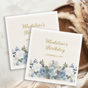 Serviette En Papier Dusty Bleu Blanc Floral Or Joyeux Anniversaire Nom