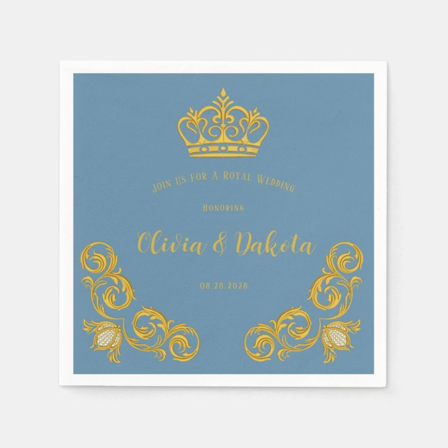 Serviette En Papier Dusty Bleu et or Mariage royal de la Couronne (Devant)