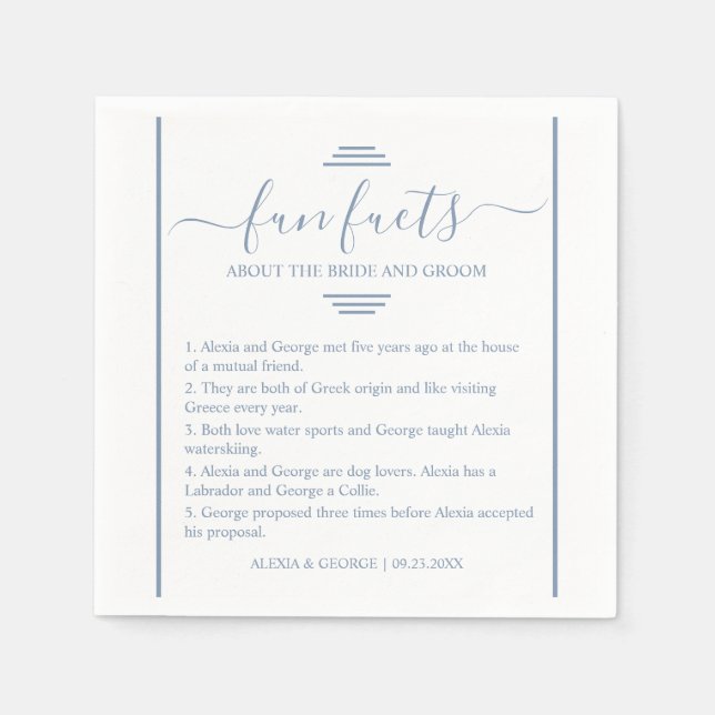 Serviette En Papier Dusty bleu script typographie Fun Facts mariage N (Devant)