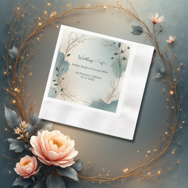 Serviette En Papier Dusty Blue Beige Boho Chic foliage wreath Wedding (Créateur téléchargé)