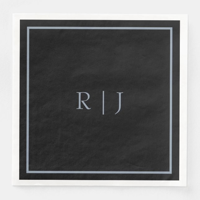 Serviette En Papier Dusty Blue Black Monogram Initiales Mariage tendan (Devant)
