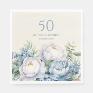 Serviette En Papier Dusty Blue Blanc Floral 50e Anniversaire Nom