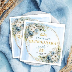 Serviette En Papier Dusty Blue Boho Verdure Gold Pailletés Quinceañera