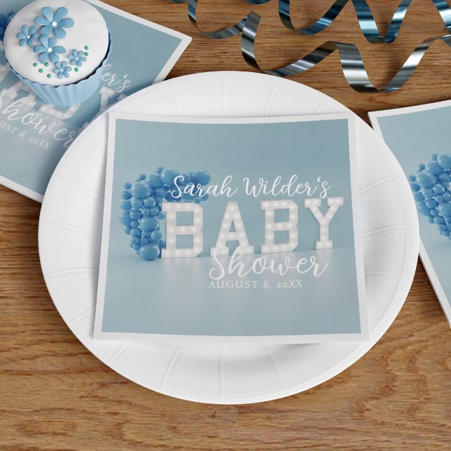 Serviette En Papier Dusty Blue Boy Balloon Baby shower Party (A blue baby shower paper napkin with space for your party details)