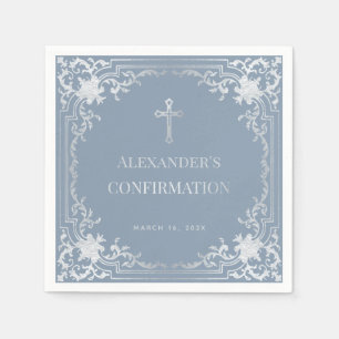 Serviette En Papier Dusty Blue Boy Confirmation Élégant Faux Silver