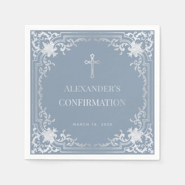 Serviette En Papier Dusty Blue Boy Confirmation Élégant Faux Silver (Devant)