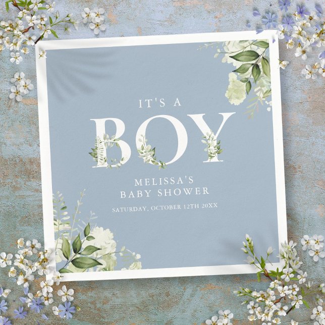 Serviette En Papier Dusty Blue C'est un garçon vert lettre Baby shower (Dusty Blue Its A Boy Greenery Letter Baby Shower Napkins)