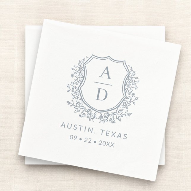 Serviette En Papier Dusty Blue Crest Moderne Monogramme Mariage (Créateur téléchargé)