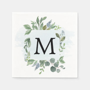 Serviette En Papier Dusty Blue Eucalyptus Monogram Cocktail Napkin