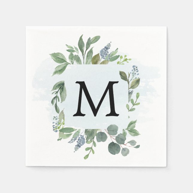 Serviette En Papier Dusty Blue Eucalyptus Monogram Cocktail Napkin (Devant)