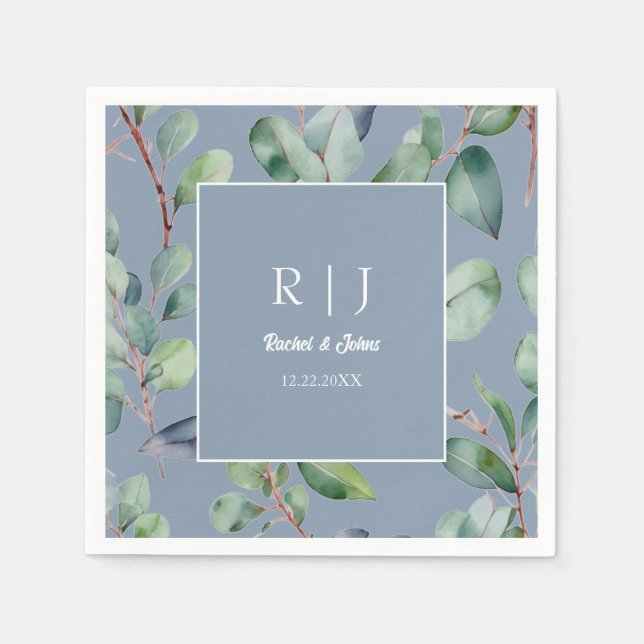 Serviette En Papier Dusty Blue Eucalyptus Monogram Mariage (Devant)