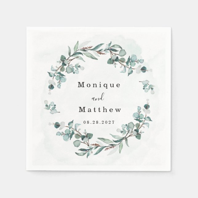 Serviette En Papier Dusty Blue Eucalyptus Vert Mariage rustique (Devant)