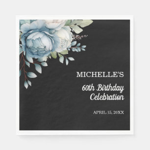 Serviette En Papier Dusty Blue Floral Black 60e anniversaire