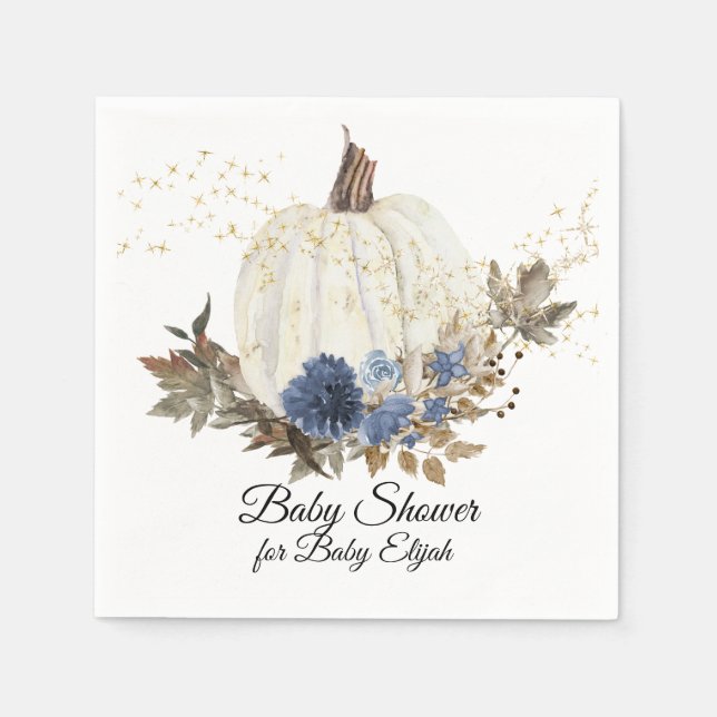 Serviette En Papier Dusty Blue Floral Fall Citrouille Baby shower or (Devant)