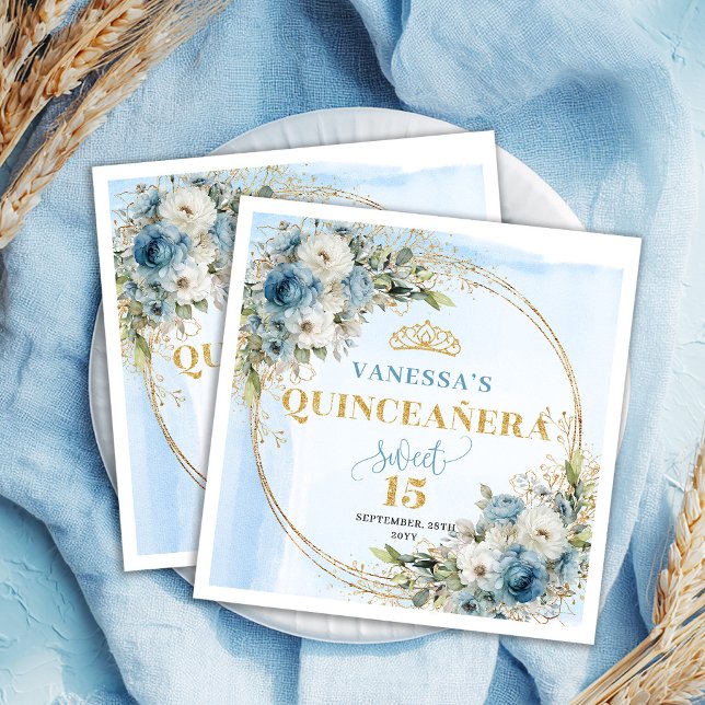 Serviette En Papier Dusty Blue Floral Gold Frame 15th Birthday Napkins (Dusty Blue Floral Gold Frame 15th Birthday Napkins)