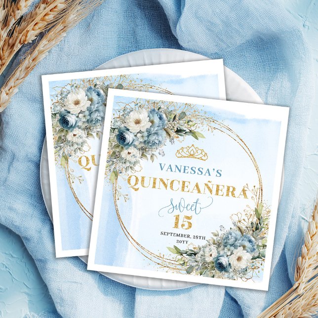Serviette En Papier Dusty Blue Floral Gold Glitter Quinceañera Party   (Dusty Blue Floral Gold Glitter Quinceañera Party Napkins)