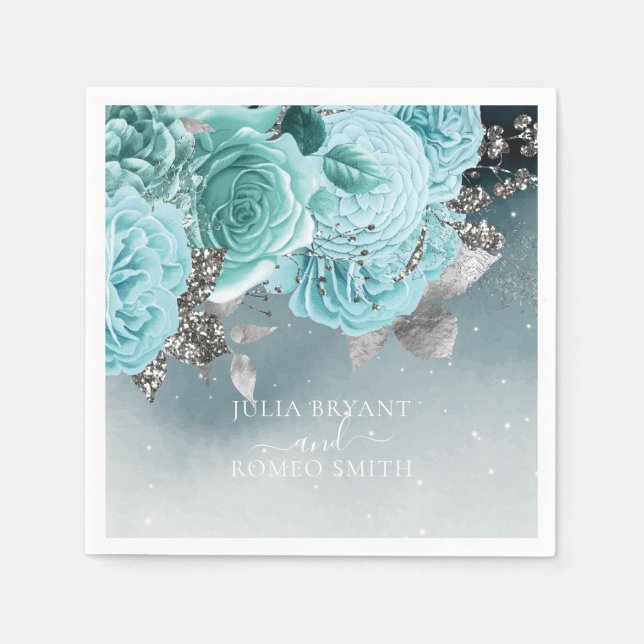 Serviette En Papier Dusty Blue Floral Mariage Luxe (Devant)