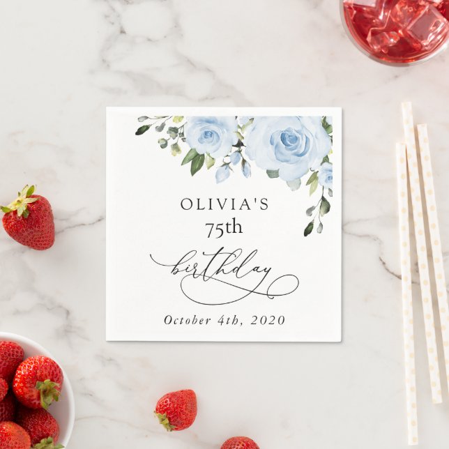 Serviette En Papier Dusty Blue Flowers, Greenery, Boho, Birthday (En situation)