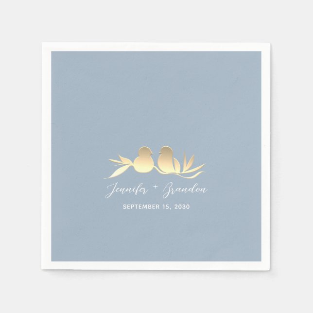 Serviette En Papier Dusty Blue Gold Lovebirds Mariage (Devant)