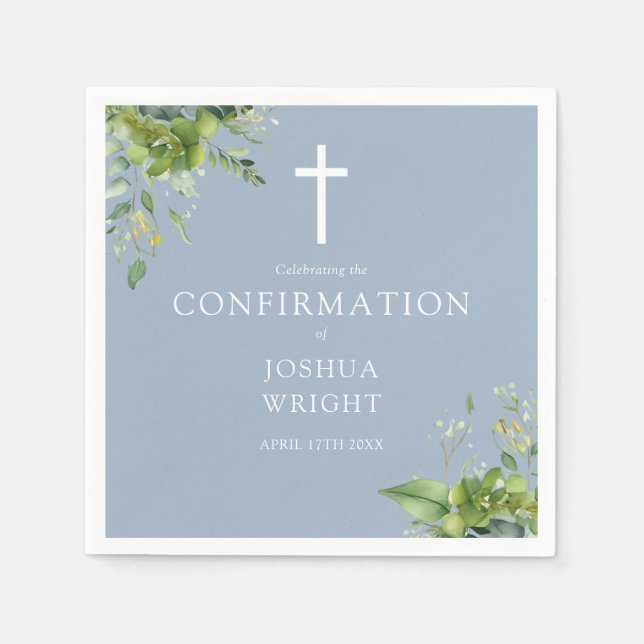 Serviette En Papier Dusty Blue Greenery Floral Confirmation (Devant)