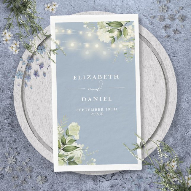 Serviette En Papier Dusty Blue Greenery String Mariage (Dusty Blue Greenery String Lights Wedding Paper Guest Towels)