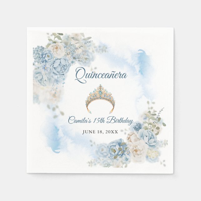 Serviette En Papier Dusty Blue Ivory Fleurs Roses Quinceanera Annivers (Devant)