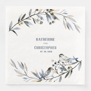 Serviette En Papier Dusty Blue Leaf Branch Berries & Birds Mariage