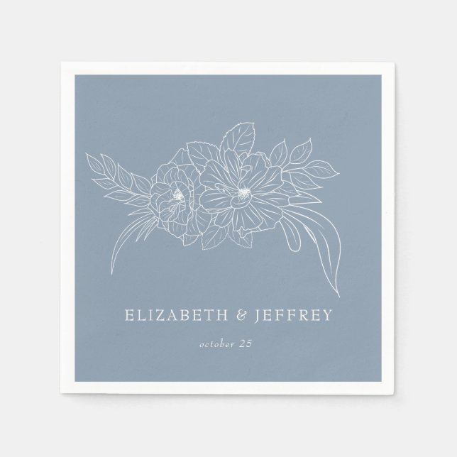 Serviette En Papier Dusty Blue Minimal Élégant Mariage floral croquis (Devant)