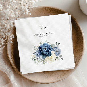 Serviette En Papier Dusty Blue Navy Champagne Ivory Floral Mariage
