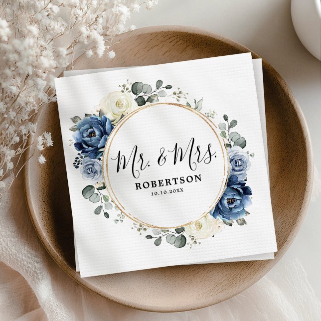 Serviette En Papier Dusty Blue Navy Champagne Ivory Floral Mariage (Dusty Blue Navy Champagne Ivory Floral Wedding Napkins)