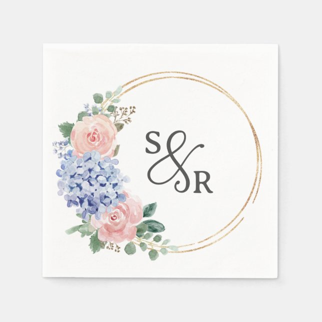 Serviette En Papier Dusty Blue Pastel Pink hydrangeas Floral Mariage (Devant)