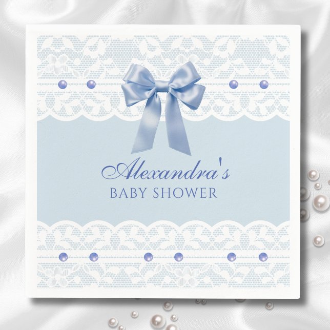 Serviette En Papier Dusty Blue Pearls Satin Bow Baby shower en dentell (Créateur téléchargé)