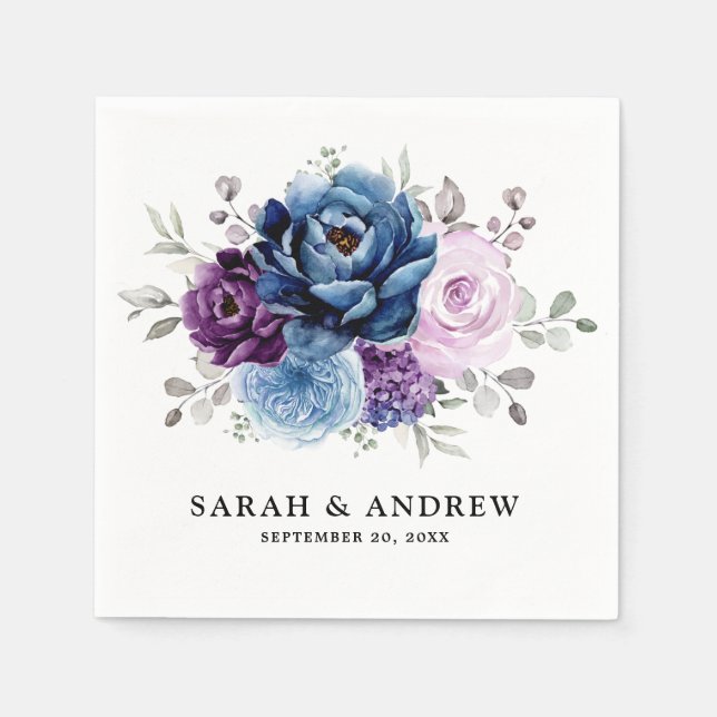 Serviette En Papier Dusty Blue Purple Navy Lilac Blooms Mariage (Devant)