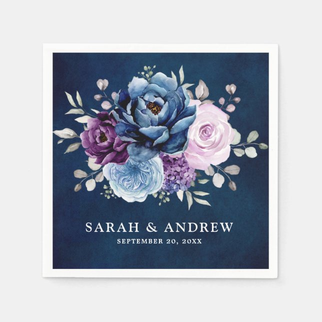 Serviette En Papier Dusty Blue Purple Navy Lilac Blooms Mariage Napkin (Devant)