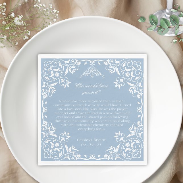 Serviette En Papier Dusty Blue Regency Era Où Nous Avons Rencontré Mar (elegant dusty blue fun facts when how and where we met theme regency era inspired wedding napkins)