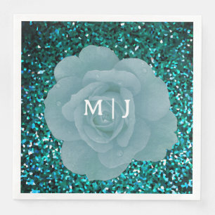Serviette En Papier Dusty Blue Rose Glittery Monogramme Mariage élégan